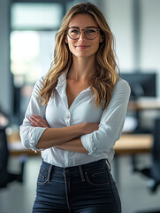 Natural photograph, full body 3/4 shot business normal looking Woman in an office