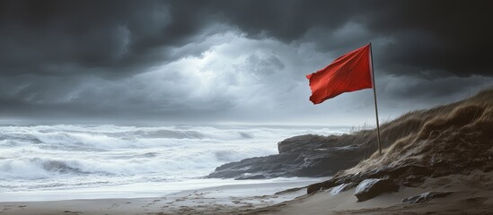 Red flag warning at a stormy beach signaling swimmers to stay out of the water due to dangerous conditions and strong waves