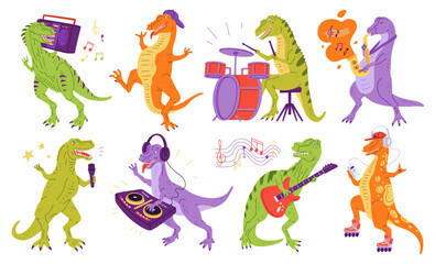 Obraz premium Cute dinosaur listening music, playing saxophone, electric guitar and drums, playing Dj music dancing singing vector set