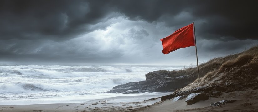 Red flag warning at a stormy beach signaling swimmers to stay out of the water due to dangerous conditions and strong waves