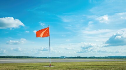 Windsock at small airport under blue sky indicating wind direction with clouds and aircraft in the background showcasing windy weather conditions