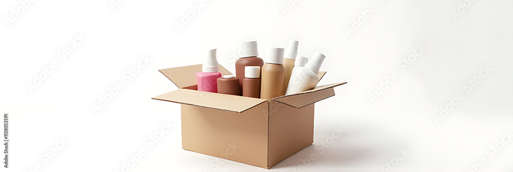 Aufkleber Ecommerce concept with a group of products in a box placed on a simple white background to showcase orders._00002_