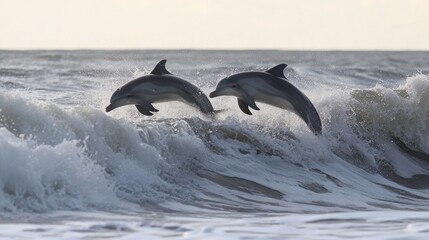 Fototapeta premium Dolphins leaping gracefully over ocean waves showcasing playful marine life in their natural habitat