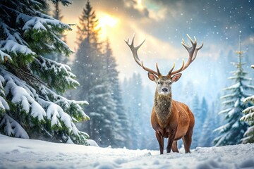 Snowy forest scene, majestic deer, festive Christmas & New Year wishes.  Perfect winter wonderland postcard.