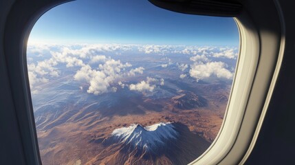 Naklejka premium Airplane window view showcasing majestic mountains and clouds during flight over a breathtaking landscape