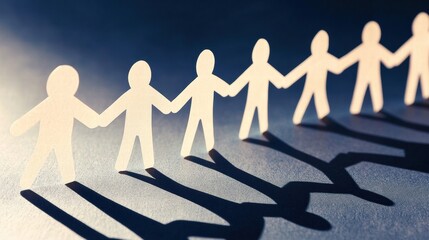 Paper cutouts of people holding hands, casting shadows, representing and friendship in a minimalist concept.