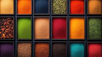 Fototapeta premium Vibrant Spice Collection Display Culinary Arts Exhibition Food Photography Colorful Environment Top-Down View Flavor Diversity Exploration