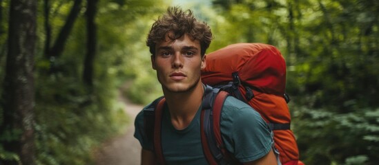 Fototapeta premium Young hiker with backpacks exploring a scenic forest trail immersed in nature adventure travel and tourism experience