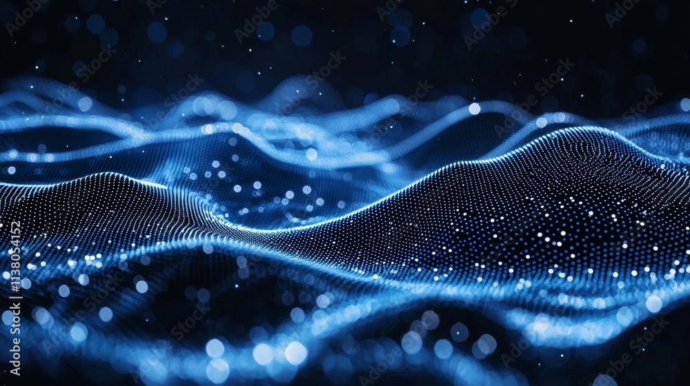Poster a digital cyberspace background features an abstract flow of blue particles in wave patterns.