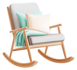Cozy rocking chair with cushions and blanket perfect for relaxation isolated on transparent background.