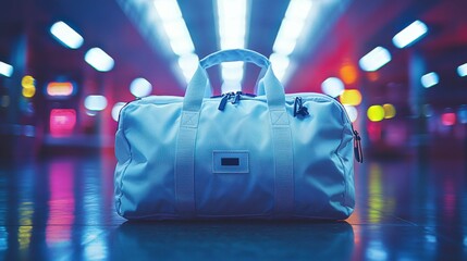 A sleek white gym bag stands prominently against a colorful, blurred neon background, showcasing its design in a trendy setting.