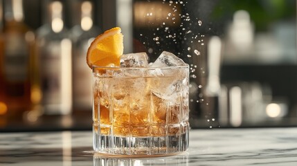 Refreshing whiskey cocktail with ice and citrus garnish splashing in elegant glass on bar counter. Perfect for beverage promotions.