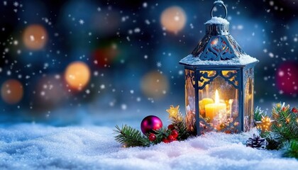 A cozy lantern shines warmly in the snow, surrounded by festive decorations and soft snowfall, evoking holiday spirit.