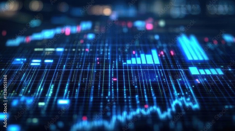 Poster abstract digital graph displaying financial data trends with vibrant colors and glowing elements in 