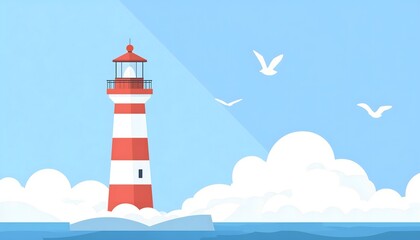 An illustration of a red and white lighthouse under a blue sky