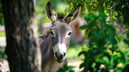 Gray donkey peering out from the shade of a tree on a sunny day at an outdoor farm surrounded by greenery and natural beauty.