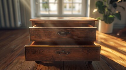Ancient chest with open lid on wooden background