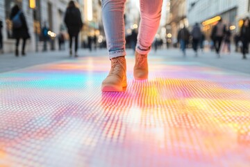 Fototapeta premium Strolling Through Illuminated Streets An Urban Experience of Light and Reflection