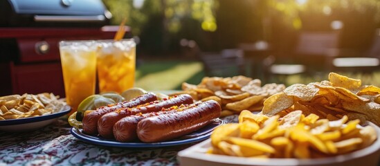 Fototapeta premium Family enjoying a sunny backyard barbecue with grilled hot dogs chips and refreshing lemonade creating joyful summer memories