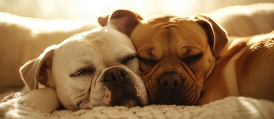 Two adorable dogs peacefully sleeping together, showcasing friendship and warmth in a cozy indoor setting.