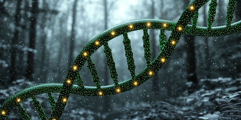 A green DNA strand is shown in a forest setting. Concept of life and growth, as the DNA strand is surrounded by lush green leaves and flowers