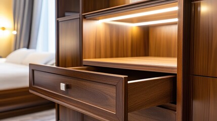Modern luxury bedroom cabinet with open drawer showcasing interior design and high-quality wood finish in contemporary furniture setting