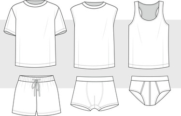 Men's underwear Set Fashion Illustration, Vector. boxer, brief, t-shirt, Sleeveless tank full set. CAD, Technical Drawing, Flat Drawing, Template, Mockup.