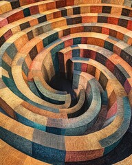A colorful spiral maze made of layered materials, showcasing intricate patterns and textures.