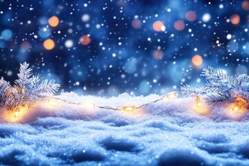 A serene winter scene featuring snowy landscapes adorned with glowing lights and gentle snowfall, perfect for holiday themes.