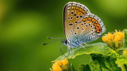 Obraz premium Close-up of a delicate butterfly resting gracefully on a vibrant green leaf with colorful flower buds in a lush natural setting