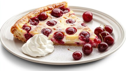 Cherry clafoutis slice with fresh cherries and whipped cream on a plate showcasing a delicious dessert presentation