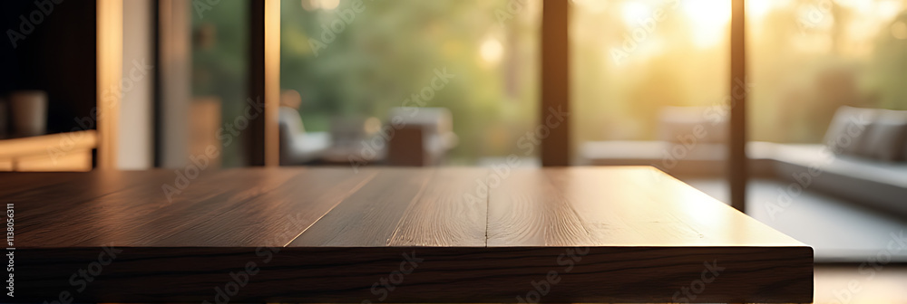 Aufkleber dark wood texture of luxury counter island stands out against blurred abstract glass background with
