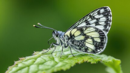 Obraz premium Close-up of a small butterfly resting on a green leaf showcasing intricate black and white wing patterns against a soft blurred background