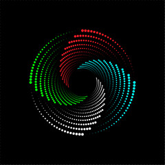 Technology particles spiral background with glowing lights. Spiral Swirl Abstract Half Tone Design Element.