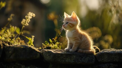 Obraz premium Adorable kitten perched on stone wall gazing into the distance surrounded by lush greenery and warm sunlight capturing a tranquil moment.