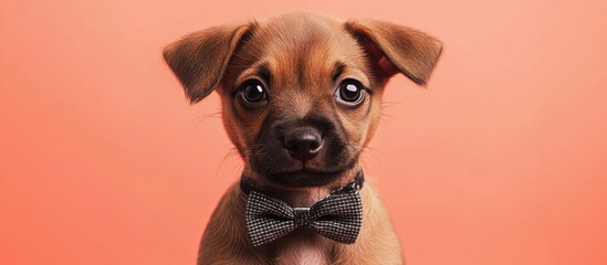Charming brown puppy wearing a stylish bow tie against a vibrant background, showcasing cuteness and character in a playful portrait.