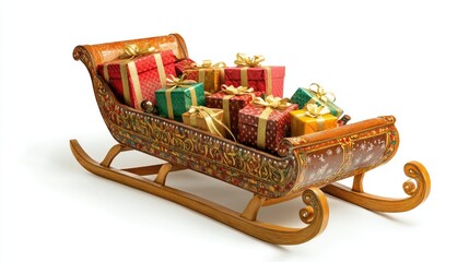 Colorful sleigh overflowing with beautifully wrapped gifts isolated on white background ready for festive holiday promotions and advertisements