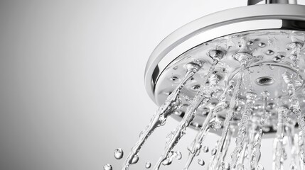 Water flowing from modern showerhead bathroom artistic image close-up