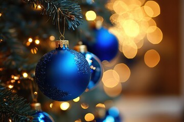 Blue Christmas ornament hanging on a green tree with blurred warm lights in the background, creating a festive atmosphere.