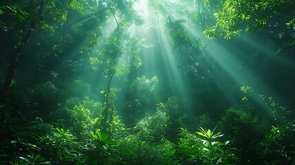 Fototapeta premium Dense forest with sunbeams filtering through the trees