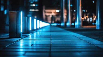Fototapeta premium Illuminated pedestrian walkway at night featuring modern light fixtures and urban architecture creating a serene atmosphere