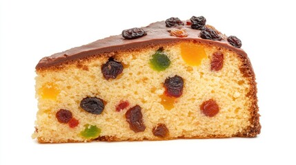 Traditional panettone slice featuring dried fruits and orange zest, showcasing texture and color in a close-up presentation.