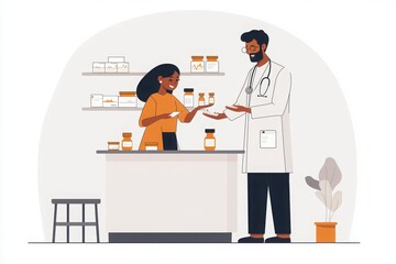 Health consultation event family receiving personalized health reports from friendly pharmacist in modern pharmacy informative and engaging environment