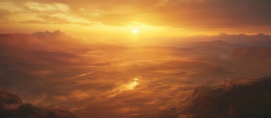 Fototapeta premium Aerial view of serene valleys bathed in warm sunset hues with dramatic light and shadows illuminating the landscape.