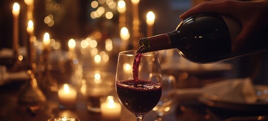 Romantic Dinner: Red Wine Pouring into a Glass with Candlelight