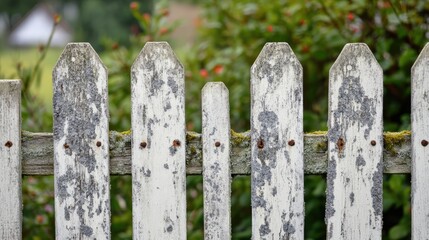 Weathered wooden fence background texture with peeling paint and moss on a blurred green nature backdrop
