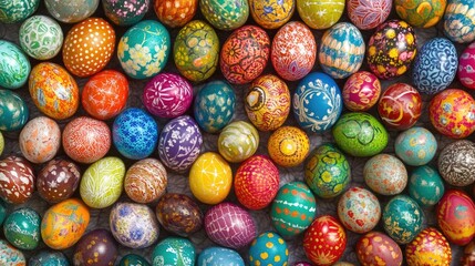 Vibrant collection of intricately decorated multicolored Easter eggs arranged in a festive background for holiday celebrations