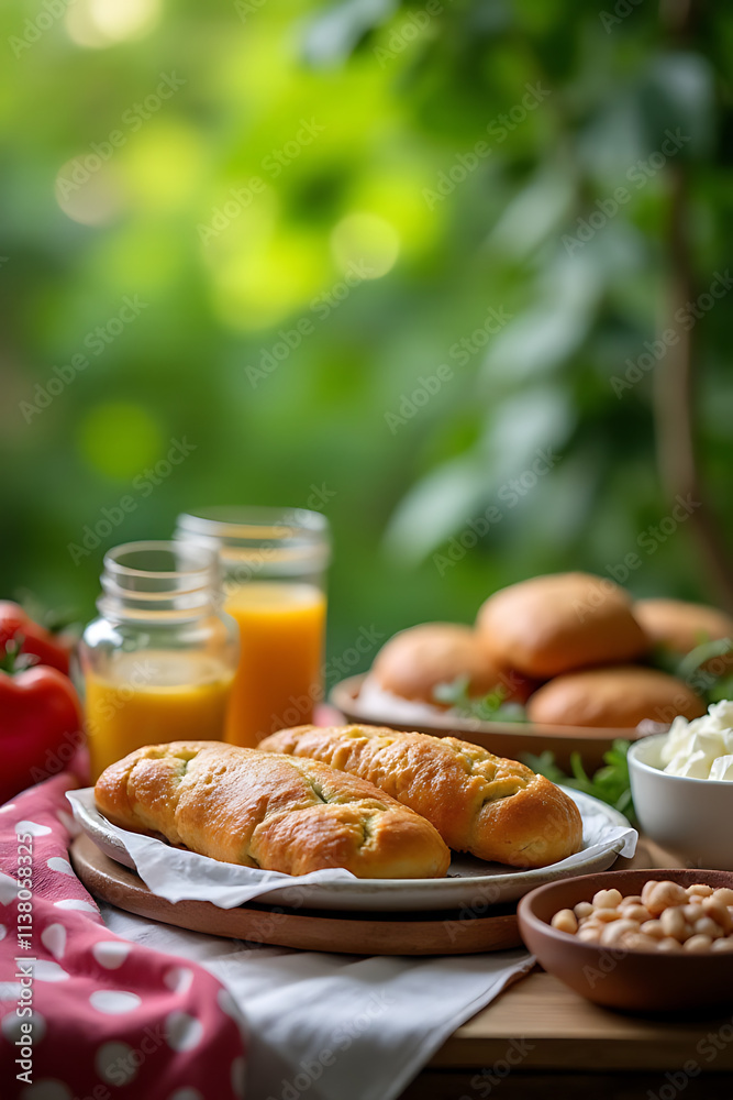 Poster cooking breakfast food or bakery with ingredients and copy space of a blurred tablecloth on a green 