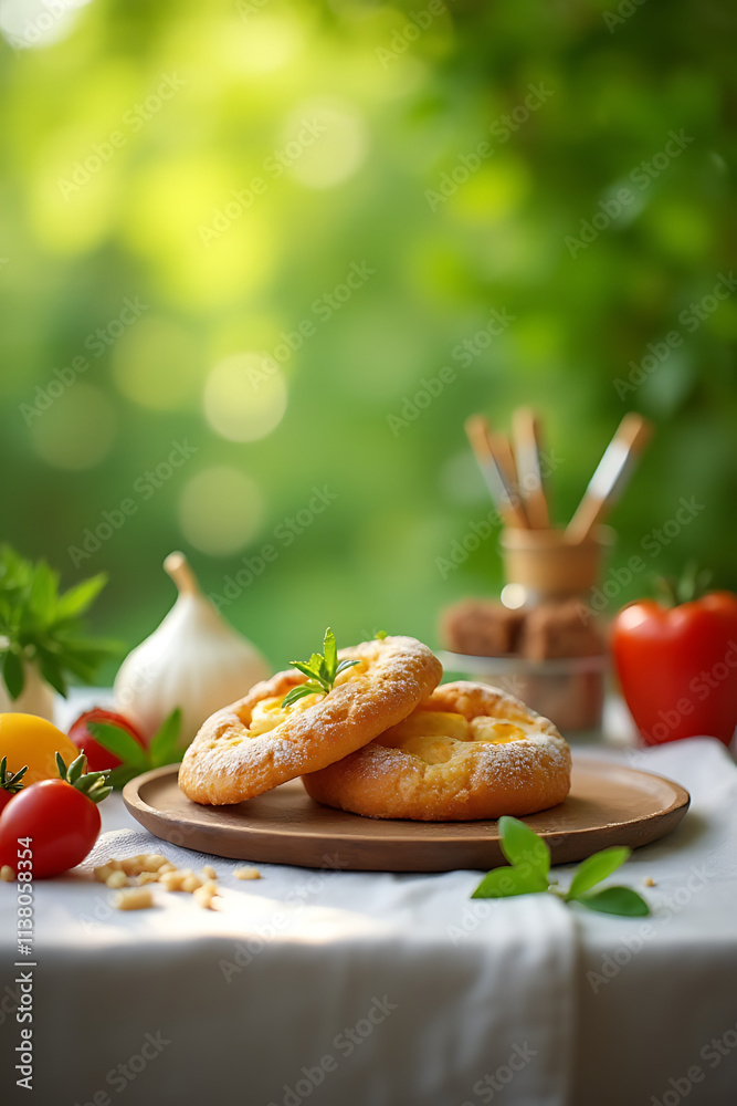 Poster cooking breakfast food or bakery with ingredients and copy space of a blurred tablecloth on a green 