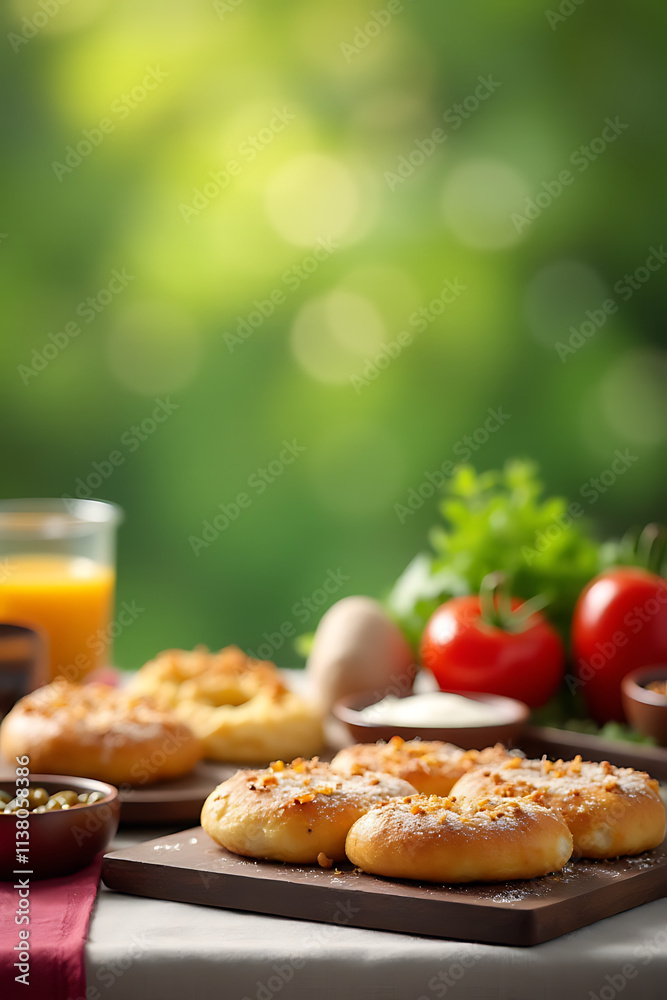 Poster cooking breakfast food or bakery with ingredients and copy space of a blurred tablecloth on a green 